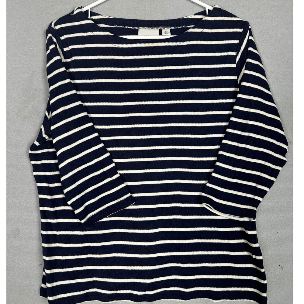 L.L. Bean Top Womens XL Petite Boat Neck Blue White Striped 3 Quarter Sleeve EUC
